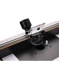 Heavy Hitter Benchtop Router Table Decked Out With A Beefy 24 Inch Laminate Top, Precision Tuned Aluminum Fence close-up.
