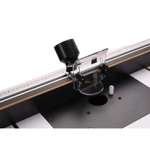 Heavy Hitter Benchtop Router Table Decked Out With A Beefy 24 Inch Laminate Top, Precision Tuned Aluminum Fence close-up.