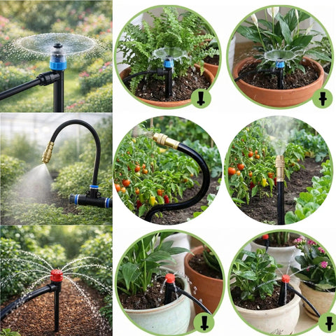All In One 240Ft Drip Irrigation System For Garden And Yard with various automatic sprinkler heads and plants