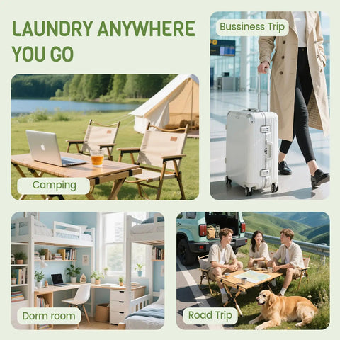 Compact Mini Washing Machine For Underwear And Delicates Portable Design With One Touch Wash Rinse Spin Zero Sweat No Fuss Hands Free Operation showcased in various travel scenarios.