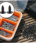 100 Pack M4 X 10mm Iron Screws Set For Home Improvement And Furniture Projects shown in storage box with black oxidized screws