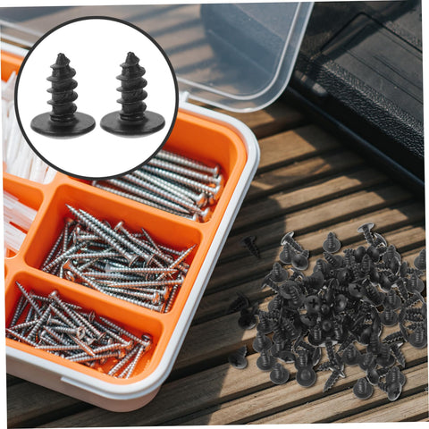 100 Pack M4 X 10mm Iron Screws Set For Home Improvement And Furniture Projects shown in storage box with black oxidized screws
