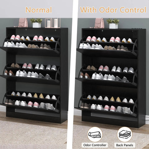 Slim 3-Flip Shoe Storage Cabinet With Odor Control Deodorizer, Back Panels For Stability, black freestanding organizer with shoes
