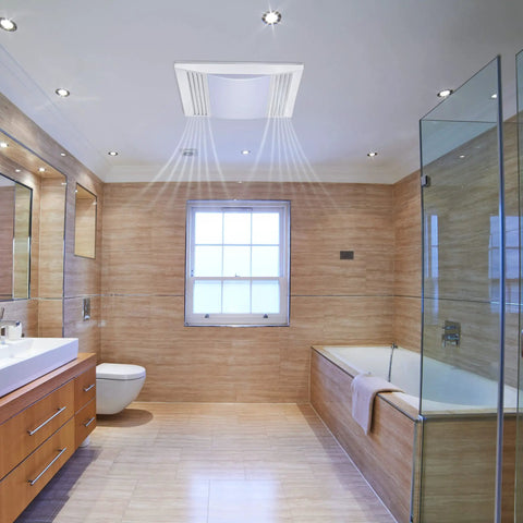 Whisper Quiet Bathroom Exhaust Fan With 15W LED Light, 110 CFM Ventilation for Home Bath Office Hotel, installed in modern bathroom ceiling