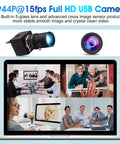 1944P@15fps Full HD USB Camera with 5-glass lens and CMOS sensor shown above video conferencing on a laptop screen.