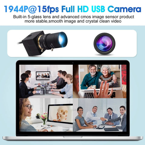 1944P@15fps Full HD USB Camera with 5-glass lens and CMOS sensor shown above video conferencing on a laptop screen.