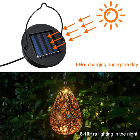 2 Pack Solar Hanging Lanterns With Raindrop Shape charging and glowing in garden