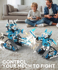 Child and adult playing with battling robots from 5-In-1 STEM RC Robot Building Kit With 408 Pieces App Control And Remote Blocks