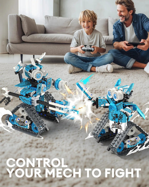 Child and adult playing with battling robots from 5-In-1 STEM RC Robot Building Kit With 408 Pieces App Control And Remote Blocks