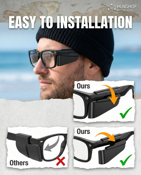 Man wearing Side Shields For Meta Gen 2 Silicone Smart Glasses Shields Clip On For Wayfarer Skyler Headliner And Oakley Meta HSTN