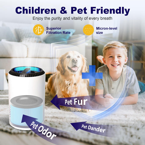 Air Filter Replacement Compatible With Aroeve MK01 MK06 TZ K1 And Kloudi DH JH01 Air Purifiers Blue Standard Version 2 Pack Easy Install Go To Filter For Fresh Indoor Air beside happy child and dog indoors