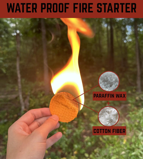 Person holding Waterproof Fire Starter Discs Set For Outdoorsy Folks Up To 60 Fires With 8 To 10 Minute Burns And Instant Light