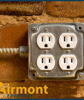 All In One 4x4 Metal Outlet Box Kit With Two Tamper Resistant 20 Amp Duplex Receptacles, 4x4 Cover, Sixteen Knockouts Plug And Play Ready For Exposed Work Installations mounted on brick