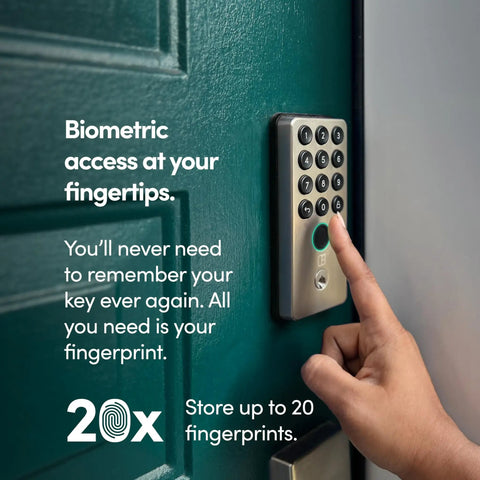 Smart Deadbolt Go And WiFi Bridge Bundle With Fingerprint Access Remote Unlock Through Mobile App And Alexa Satin Nickel Finish Keyless Entry Voice Control Tap Or Gesture Unlock installed on a door, showing fingerprint use.