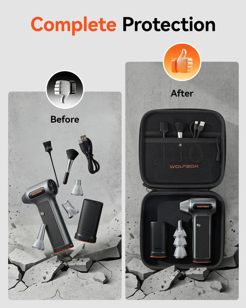 Beast-Mode MF200-2PK High-Pressure Air Duster With 2 Swappable Batteries And Hard Case displayed before and after packaging.