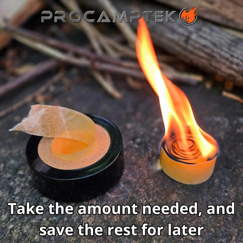 Fire Strip Roll 50-Foot Weatherproof Waxed Fire Starter Tinder Tape igniting beside roll and wooden sticks.