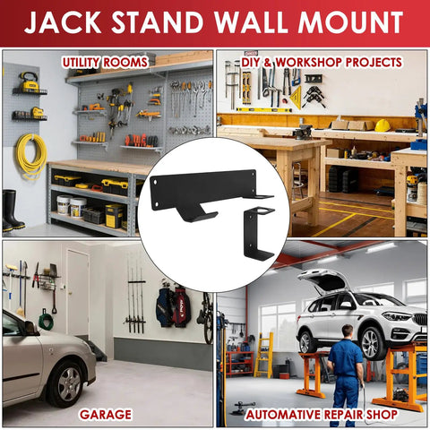 Floor Jack Wall Mount With Handle Holder For Easy Garage Storage And Quick Access Heavy Duty Jack Holder And Hydraulic Trolley Stand Accessory in use at various locations