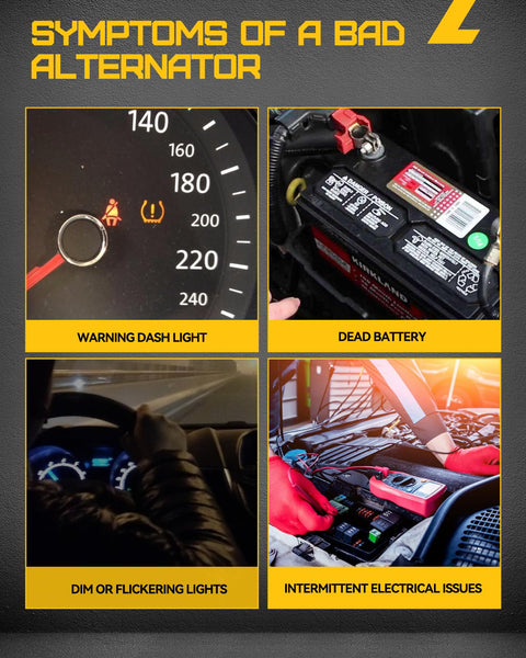 Dashboard warning lights, car battery, dim headlights, and mechanic checking car for alternator issues.