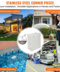 Collage showing Weatherproof Junction Box Made From Heavy Duty ABS With Sturdy Hinged Lid And Stainless Steel Lock, IP67 Rated Outdoor Electrical Box For Tough Weather, Big Interior Space For Wiring Projects And Easy Access in various applications like lighting and irrigation.
