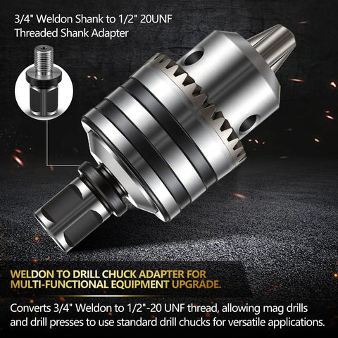 Two Pack 3/4 Weldon Shank To 1/2 Inch 20 UNF Threaded Drill Chuck Adapter iron tough alloy steel construction for precise fit.