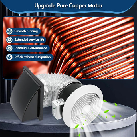 6 Inch Through Wall Exhaust Fan With Retractable Duct And Aluminum Grease Filter 80 CFM High Airflow And Quiet 4.0 Sones Bathroom Vent Fan, copper motor