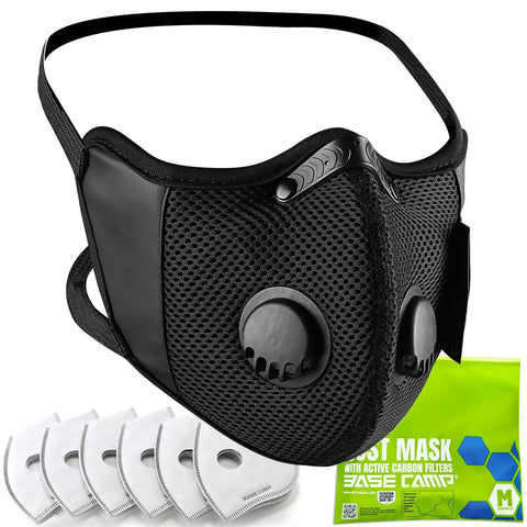 Cross Back Dust Mask For Work And Outdoors, Reusable Breathable Safety Face Mask With Six Activated Carbon Filters, shown with packaging