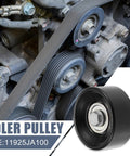 Installed Nissan drive belt idler pulley in Altima/Murano engine; black pulley with metal center bolt and ribbed belt.
