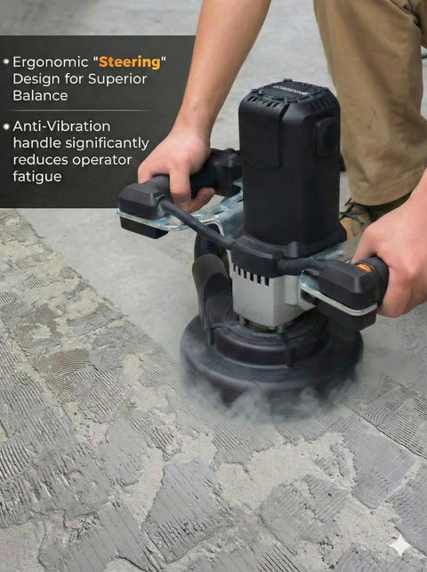 Person using 7 Inch Concrete Grinder With Low Vibration Handle, 2000W High Torque Motor, 6 Speed Controller, 1.5 Inch Dust Extraction Port