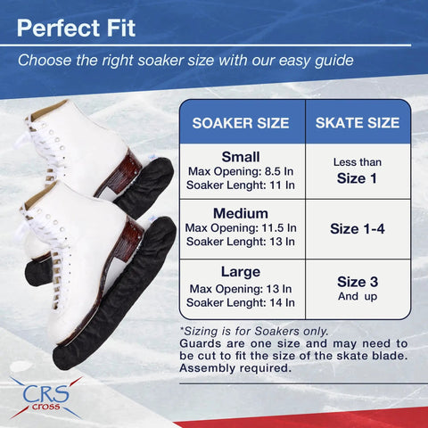 Hella Durable Ice Skate Guards And Blade Soakers With Heavy Weave Cotton Towel Set For Medium Blades Rust Resistant Steel Protector Sweet Ride Flat Black Coating size guide with soaker and skate sizes.