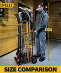 Heavy Duty 3 Tier Garden Tool Organizer With Large Wheels Yard Tower Rack For Garage Holds Up To 35 Long Handled Tools And 12 Hooks Mobile Garden Cart next to man for size comparison