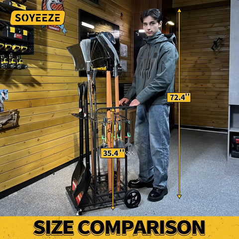 Heavy Duty 3 Tier Garden Tool Organizer With Large Wheels Yard Tower Rack For Garage Holds Up To 35 Long Handled Tools And 12 Hooks Mobile Garden Cart next to man for size comparison