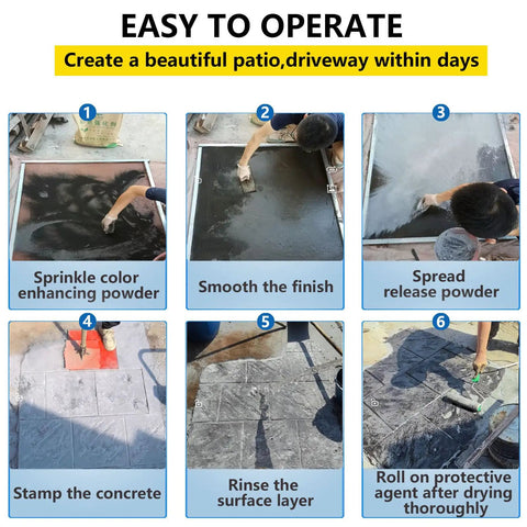 Steps for using Wood Grain Concrete Stamp Molds 16x16 Inch for stone texture on patios and driveways with application tools.