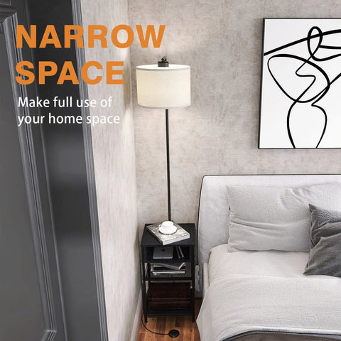 Space Saving Floor Lamp With Built In End Table And Storage Shelves beside a bed in a modern bedroom corner