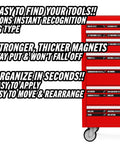 84 Piece Magnetic Tool Drawer Labels Set For Steel Tool Boxes And Cabinets attached to a red toolbox with bold labels