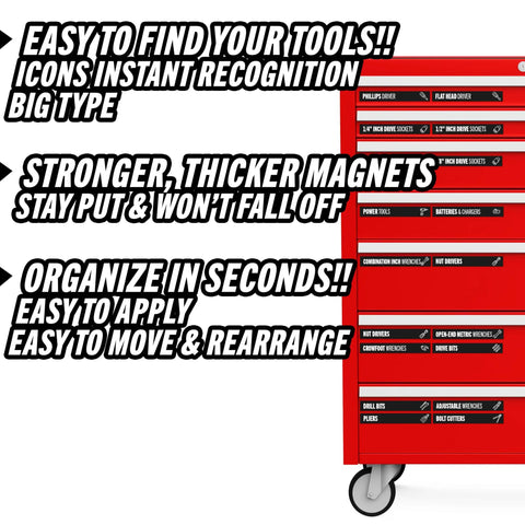 84 Piece Magnetic Tool Drawer Labels Set For Steel Tool Boxes And Cabinets attached to a red toolbox with bold labels
