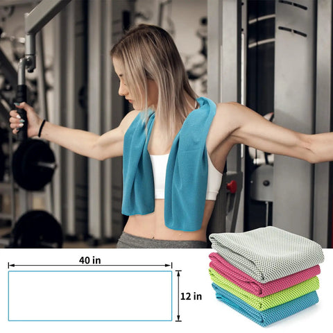 Woman using gym equipment with blue towel from 4 Pack Cooling Towels For Gym And Outdoors 40x12 Inches Soft Breathable Microfiber Instant Chill