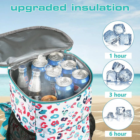 30 Can Insulated Cooler Backpack For Travel And Outdoor Adventures With Leak Proof Soft Sided Design, open on beach