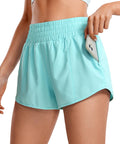 Turquoise High Rise Running Shorts With 2.5 Inch Inseam Built In Mesh Liner Feathery Fit Soft Fabric Quick Dry Stretchy No Swish Sound
