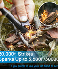 Using the Extra Large Ferro Rod Fire Starter Kit 6 Inch by Half Inch Flint and Steel Survival Tool to ignite a campfire outdoors.