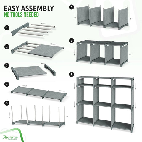 Assembly steps of Nine Cube Storage Organizer With Bins Included For Toy Storage Closet Storage And Clothes Storage Grey All In One Cabinet System.
