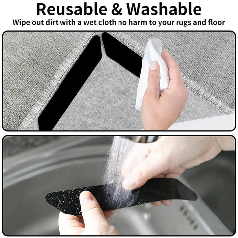 16 Pcs Non Slip Rug Grippers Keep Area Rug Corners Flat Prevent Curling And Bunching Reusable Washable Rug Tape demonstration