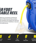 Heavy Duty Extension Cord Reel With 12AWG 40 Ft SJTOW Cable And LED Light Up Tap, 15A 125V 1875W, blue reel with yellow cord