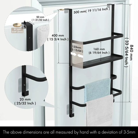 Over the Door Towel Rack for Bathroom Three Tier Behind Door with Hook Matte Black dimensions diagram
