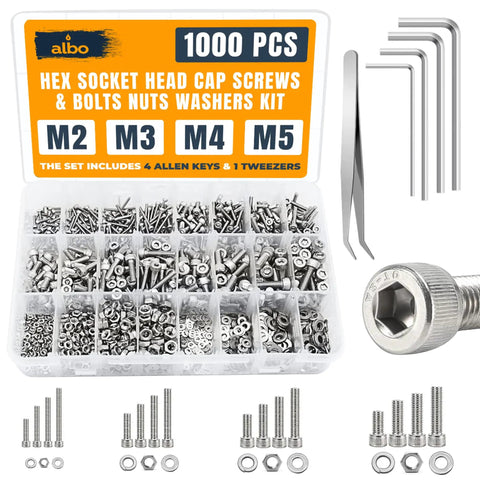 Rust Proof 304 Stainless Steel Metric Screw Kit M2 To M5 With 1000 Pieces Hex Socket Cap Screws Nuts Flat And Spring Washers 4 Allen Keys Tweezers Organized Storage Box For Home Workshop And DIY