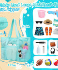 Blue Mesh Beach Bag With Zipper, Large Sandproof Waterproof Tote with items like sunglasses and flip-flops shown