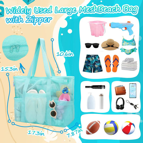 Blue Mesh Beach Bag With Zipper, Large Sandproof Waterproof Tote with items like sunglasses and flip-flops shown