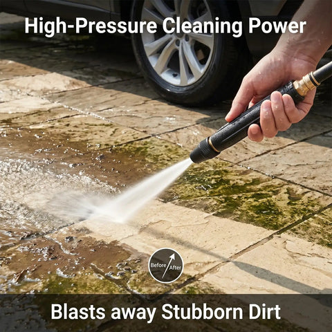 Power Washer Hose Nozzle With Adjustable Sprayer Patterns blasting dirt off a patio with high-pressure water spray, car wheel in view