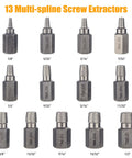13 multi-spline screw extractors from 55-Piece Easy Out Bolt Extractor Set With High Speed Steel Drill Bits, shown in different sizes