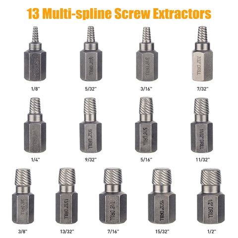 13 multi-spline screw extractors from 55-Piece Easy Out Bolt Extractor Set With High Speed Steel Drill Bits, shown in different sizes