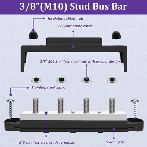 Heavy Duty 400 Amp 12 Volt Bus Bar Power Distribution Block with stainless steel terminals and nylon base components.